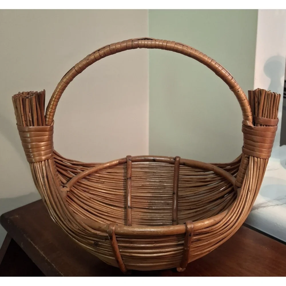 Vintage MCM Handmade Bamboo and Rattan Boat Shaped Fruit Basket With Handle